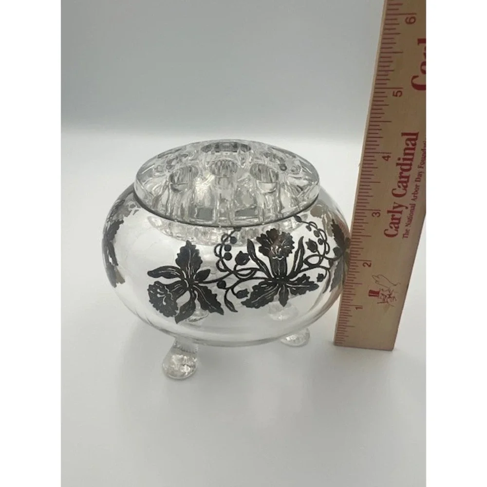 Viking Glass Vintage 3 Footed Rose Bowl Flower Frog Silver Overlay Floral Clear